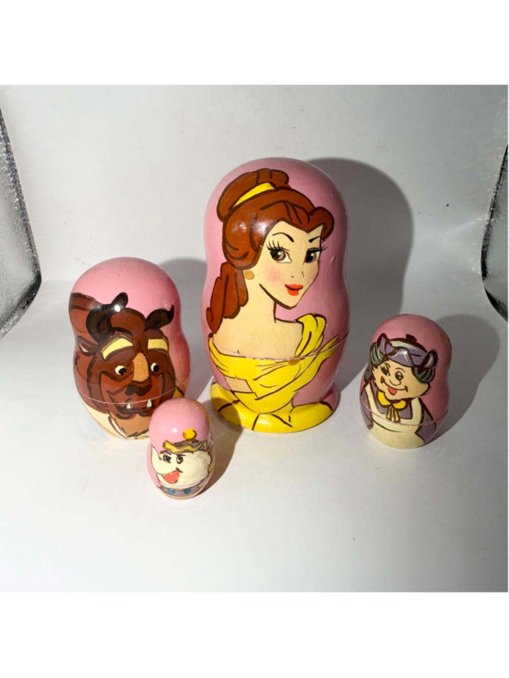 RARE HTF Vintage Wooden Beauty & The Beast Nesting Dolls Set Of 4